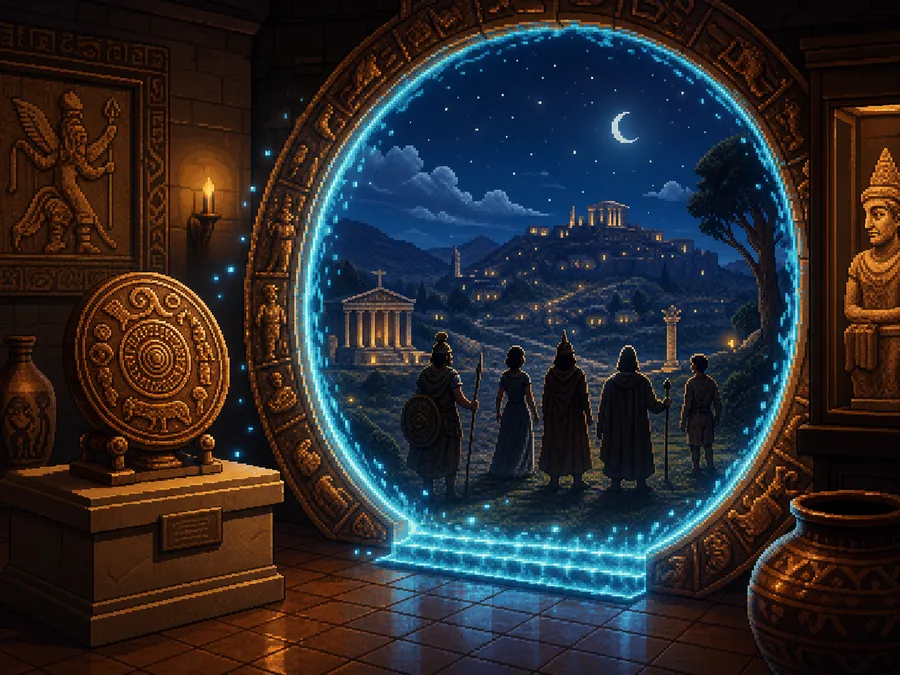 Cyan portal opening from a museum artifact into an ancient city